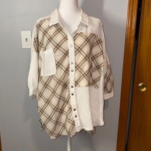 POL Plaid Button-Up Top Raw‎ Hem gauzy oversized Patchwork Shirt Small